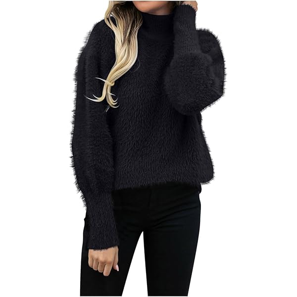 Women's Fuzzy Sweaters High Neck Fluffy Pullover Tops Soft Comfy